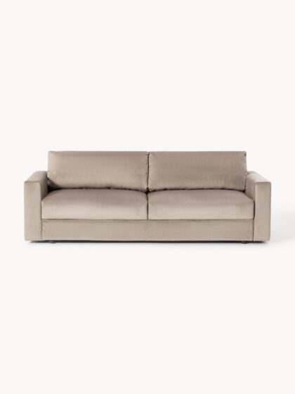 Aksamitna sofa rozkładana Tasha z pojemnikiem na pościel