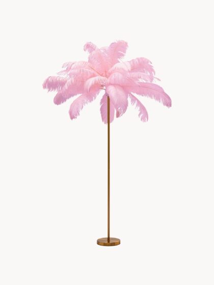 Lampa podłogowa Feather Palm z kloszem z piór strusich, wys. 165 cm