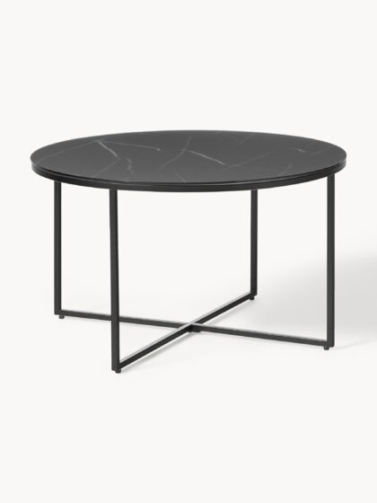 Okrągły stolik kawowy Antigua ze szklanym blatem w optyce marmuru, Ø 78 cm