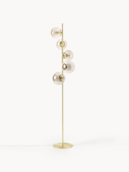 Industrialna lampa podłogowa Casey ze szkła i szczotkowanego metalu, wys. 170 cm